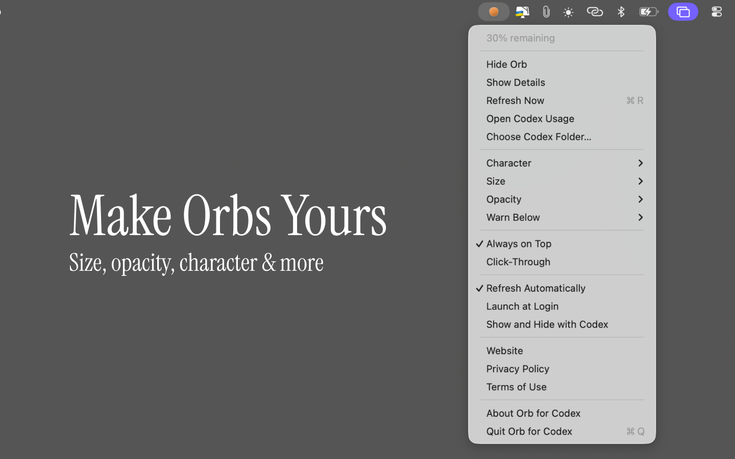 Orb for Codex menu with size, opacity, character, and behavior controls