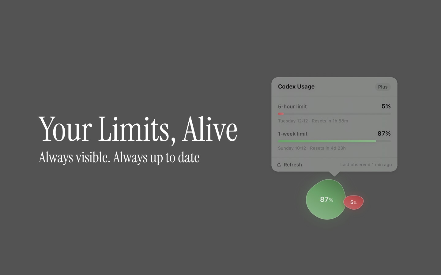 Orb for Codex showing weekly and five-hour limits with its compact usage panel